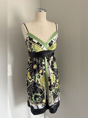 2000s Teeze Me Black Green Print Satin V-Neck Strappy Empire Knee Dress Junior 3